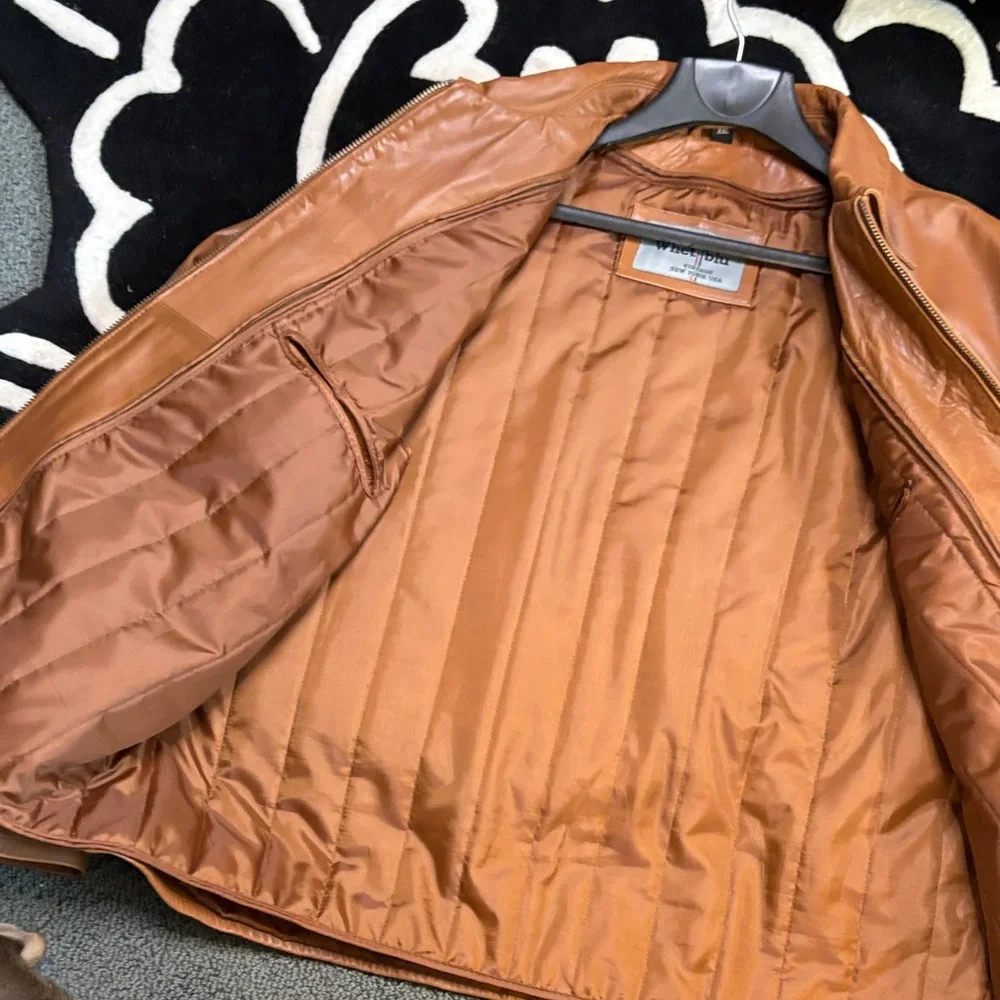 Men's Tan Leather Bomber Jacket - Picture 7 of 10